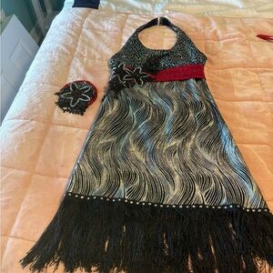 Custom Black and Silver Beaded Halter Dance Competition Costume with fringe.